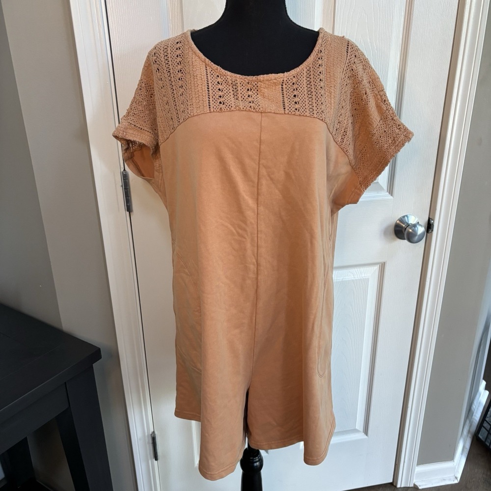 Oli & Hali Women Peach Crochet Lace Yoke Romper‎ Pockets Boho Cottage Core M